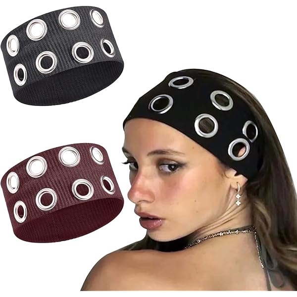 Women's Hollow Out Eyelets Elastic Headband - Y2K Punk Wide Hair Band, Black One-Size