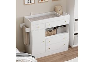 WOODTIME 43.3" W Nursery Dresser with Diaper Changing Tray, 2 Hidden Organizers & Towel Racks, Baby Kids Dresser Changing Table with 4 Drawers & 2 Shelves for Bedroom, White
