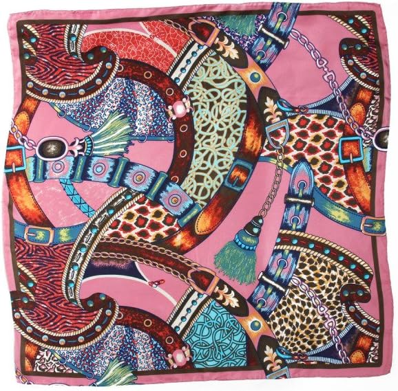 Zavetti Gorgeous Large Square Pure Silk Twill Scarf Shawl Wrap Lady's Fashion Fine Hand Rolled Edges-Halter Chain and Fur Pattern Pink Color