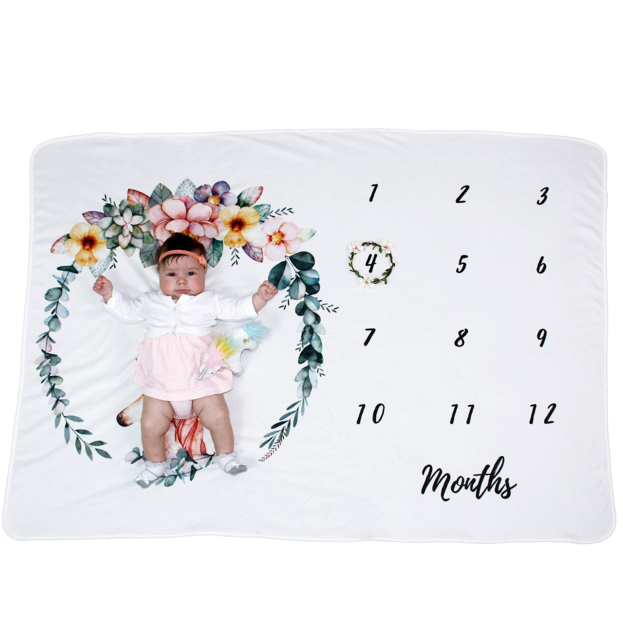 Summit One Baby Monthly Milestone Blanket with Unicorn Design, 1-12 Months (60 x 40 Inch) - Includes Flower Wreath Photography Prop - Large Super-Soft Fleece Newborn Backdrop Blankets for Baby Girls