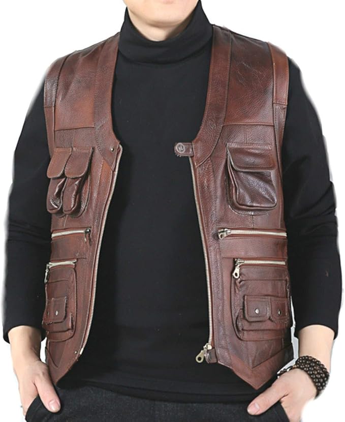 Genuine Cow Leather Vest Mens Photography Vest with Many Pockets Brown