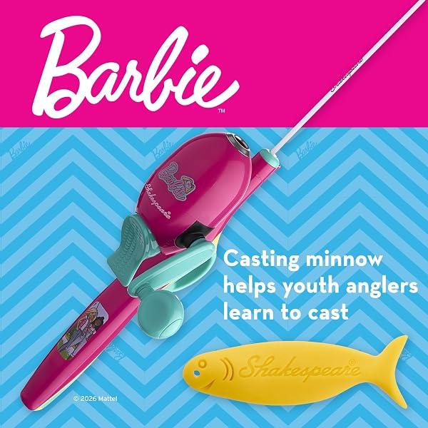 SHAKESPEARE MATTEL BARBIE KIT 2’6″ SPINCAST COMBO FOR KID, GEL-TECH COMFORT GRIP HANDLE, SAFETY HOOK KEEPER, INCLUDES PRACTICE CASTING PLUG