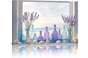 Beach Wall Art Purple Lavender Flower in Vase Pictures Bathroom Canvas Prints Coastal Ocean Landscape Picture Paintings for L