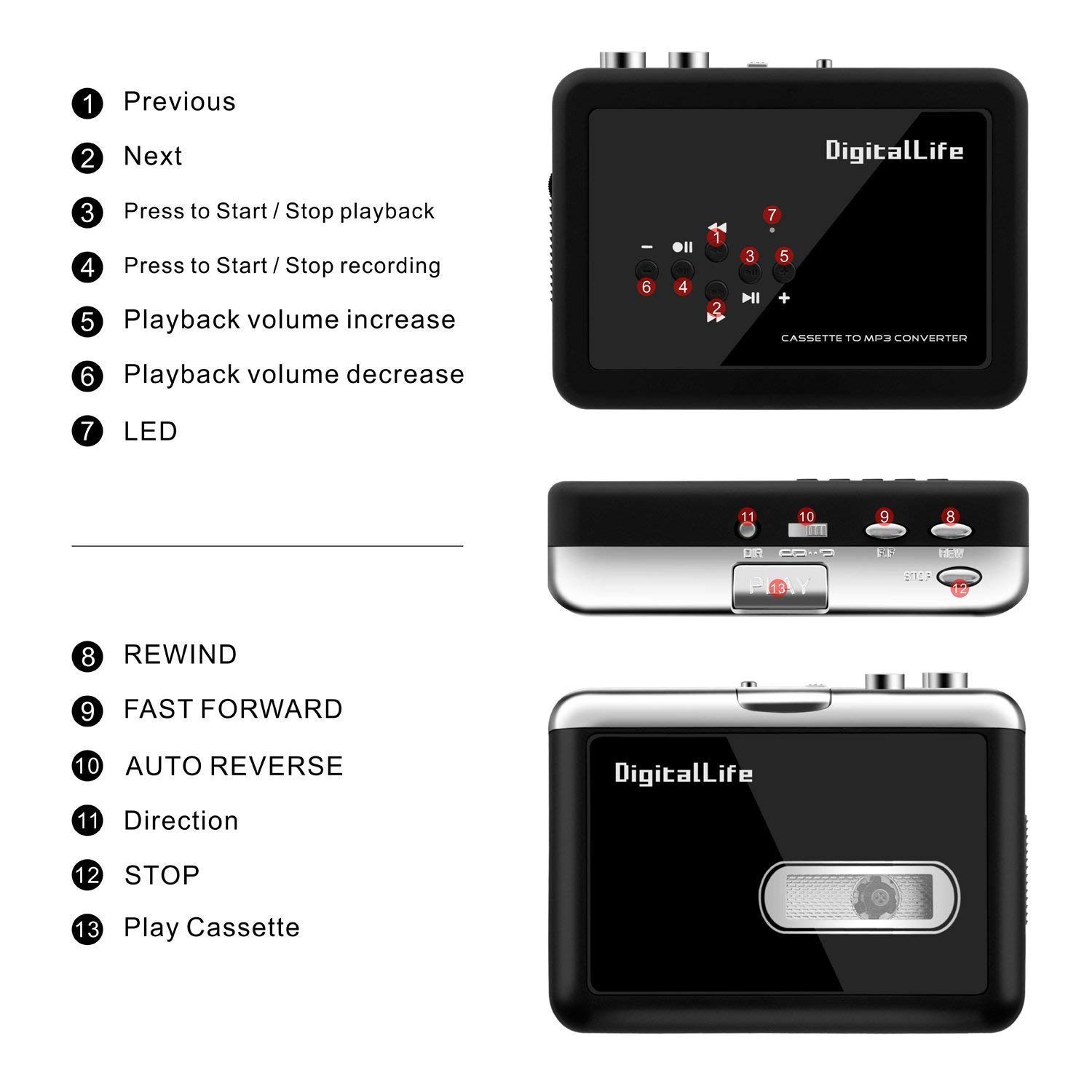 DigitalLife USB Wlakman Cassette Convertidor y Reproductor - Convertidor USB Cassette - Audio Cassette a MP3 Digital - Grabadora Cintas Cassette (No Need PC)
