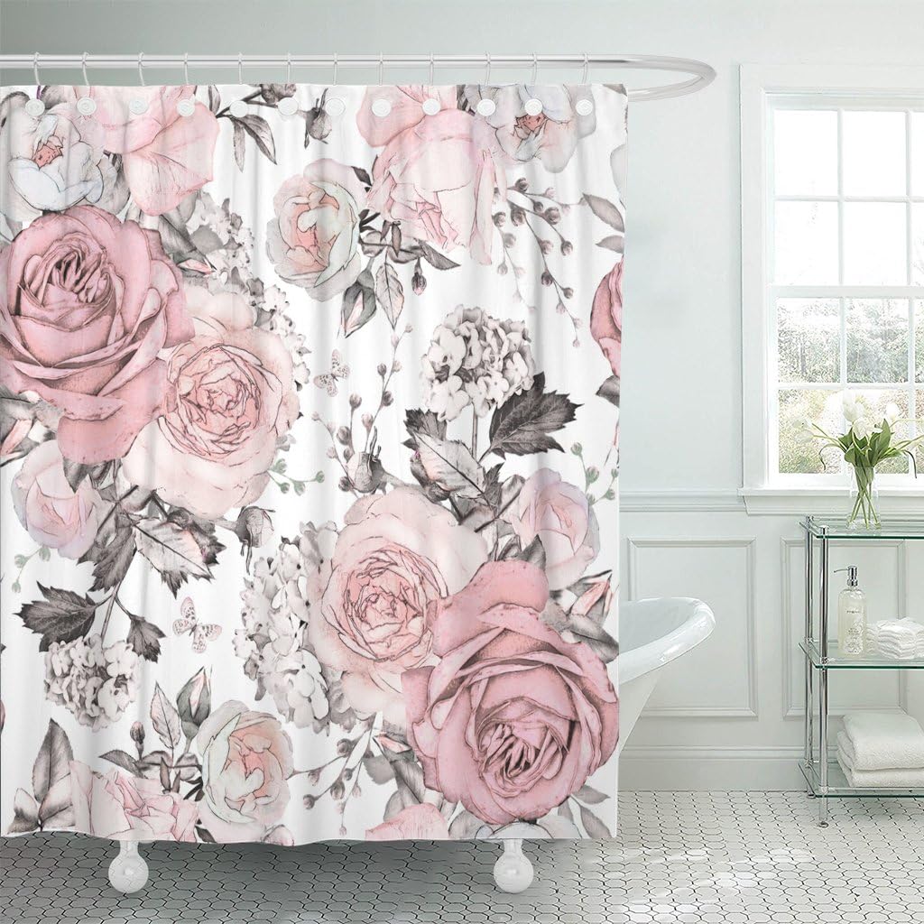 Shower Curtain Pink Grey Flowers and Grey Leaves Watercolor Floral Pattern Rose Waterproof Polyester Fabric 72 x 72 Inches Set with Hooks