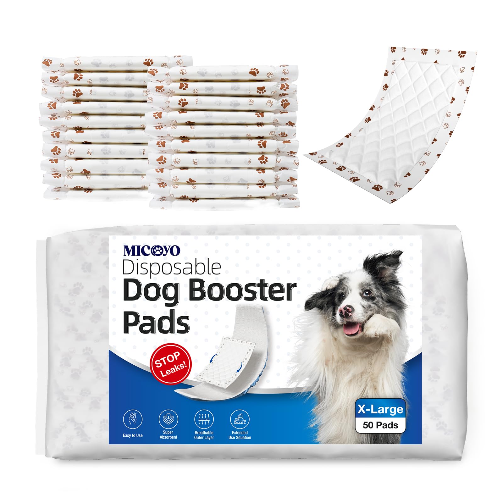 MICOOYO Disposable Dog Diaper Liners, Booster Pads for Male Female Dogs, Super Absorbent Period Dog Inserts Pads Fit Most Dog Nappies (without Leakproof Protection) (XL-50)