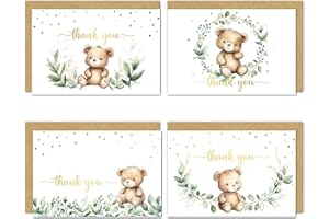 4x6 Greenery Teddy Bear Thank You Cards (Bulk 20-Pack) Baby Shower Thank You Cards with Envelopes, Birthday Party, Weddings, 