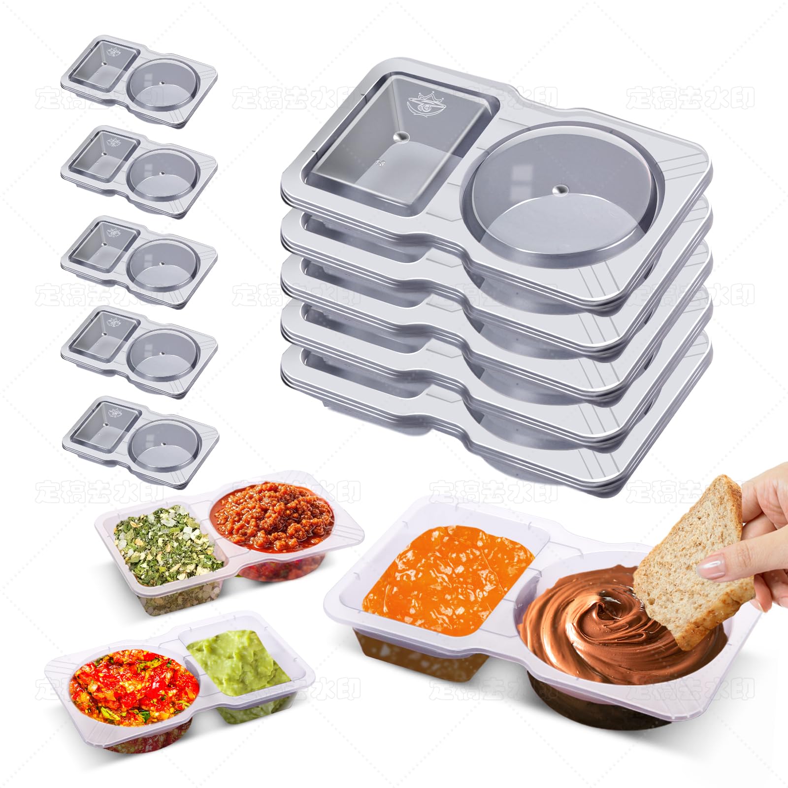 Photo 1 of Qewro 10 Sets Double Compartment Condiment Container With Lids, Reusable Snack Container for Sauces and Snacks, Disposable Snack Containers, Ideal for On-the-Go Meals and Parties (10Pack)