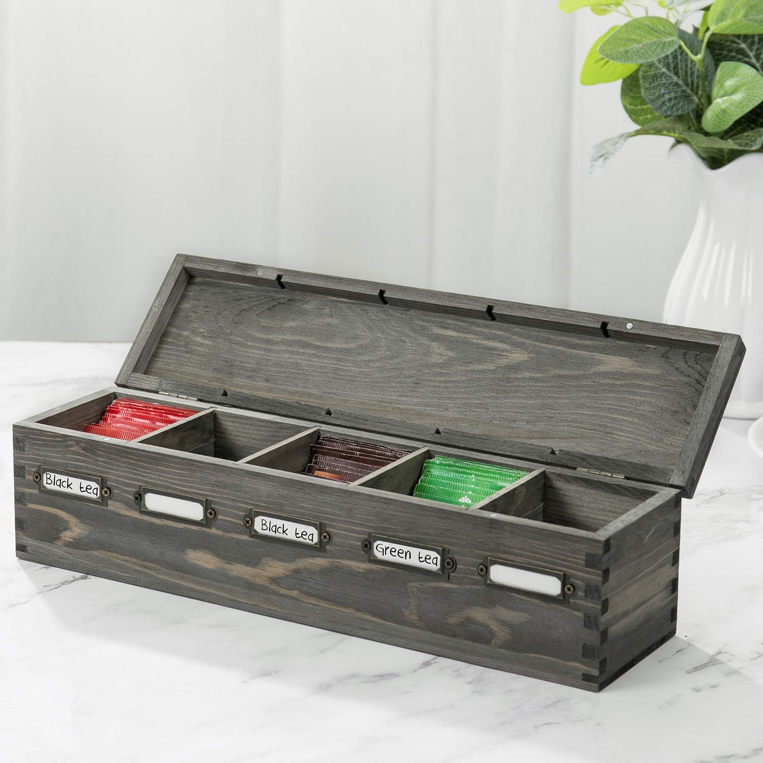 MyGift Vintage Gray Solid Wood Tea Bag Organizer Box with
