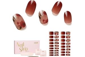 Semi Cured Gel Nail Strips - NAILOG 34 Pcs Gel Nail Stickers | Buy 2 Get 1 UV Light | Extra Long Nail Wraps with Glossy Gel Finishing Reddish Brown, Wildflowers