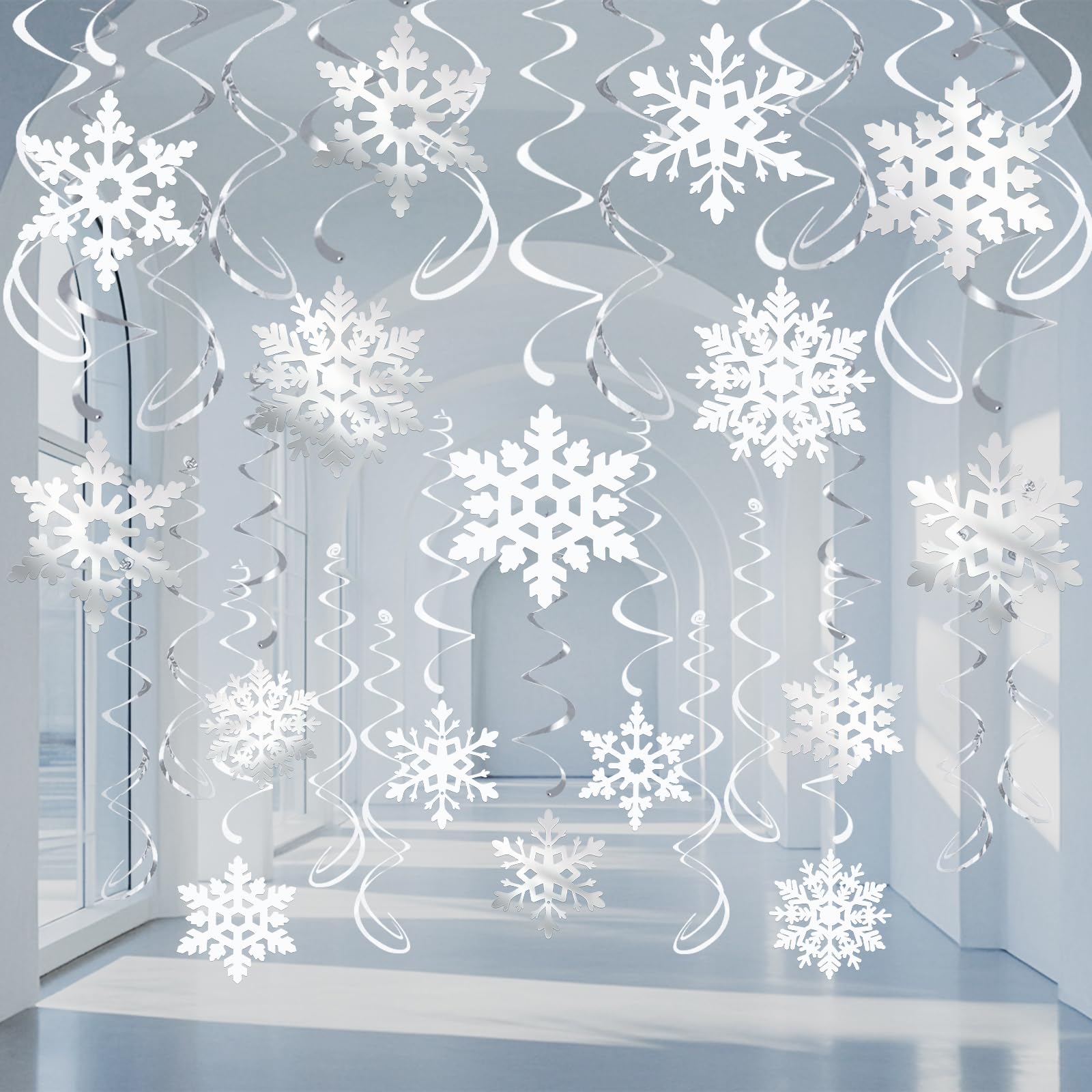 Photo 1 of 32 Pcs Snowflake Hanging Swirls Party Decoration - Christmas Winter Wonderland Ceiling Decor White Silver Snowflake Ornaments Garland for Winter Holiday Party Decorative Frozen Theme Party Supplies