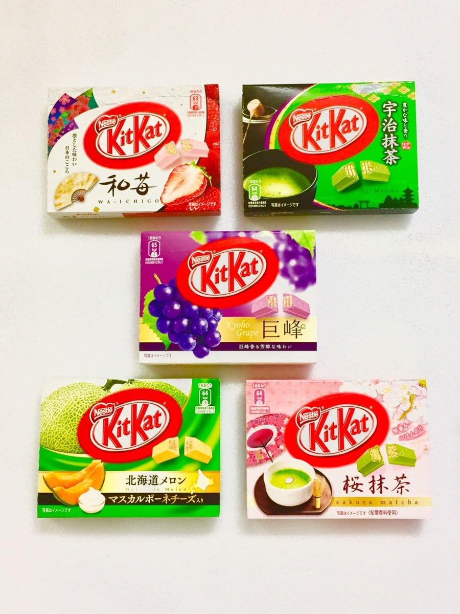 Kit Kat Japanese Mini Airport Special Set -- Amazing 5 -- [ Sakura Matcha / Uji Matcha / Kyoho Grape / Wa-Ichigo / Hokkaido Melon ]