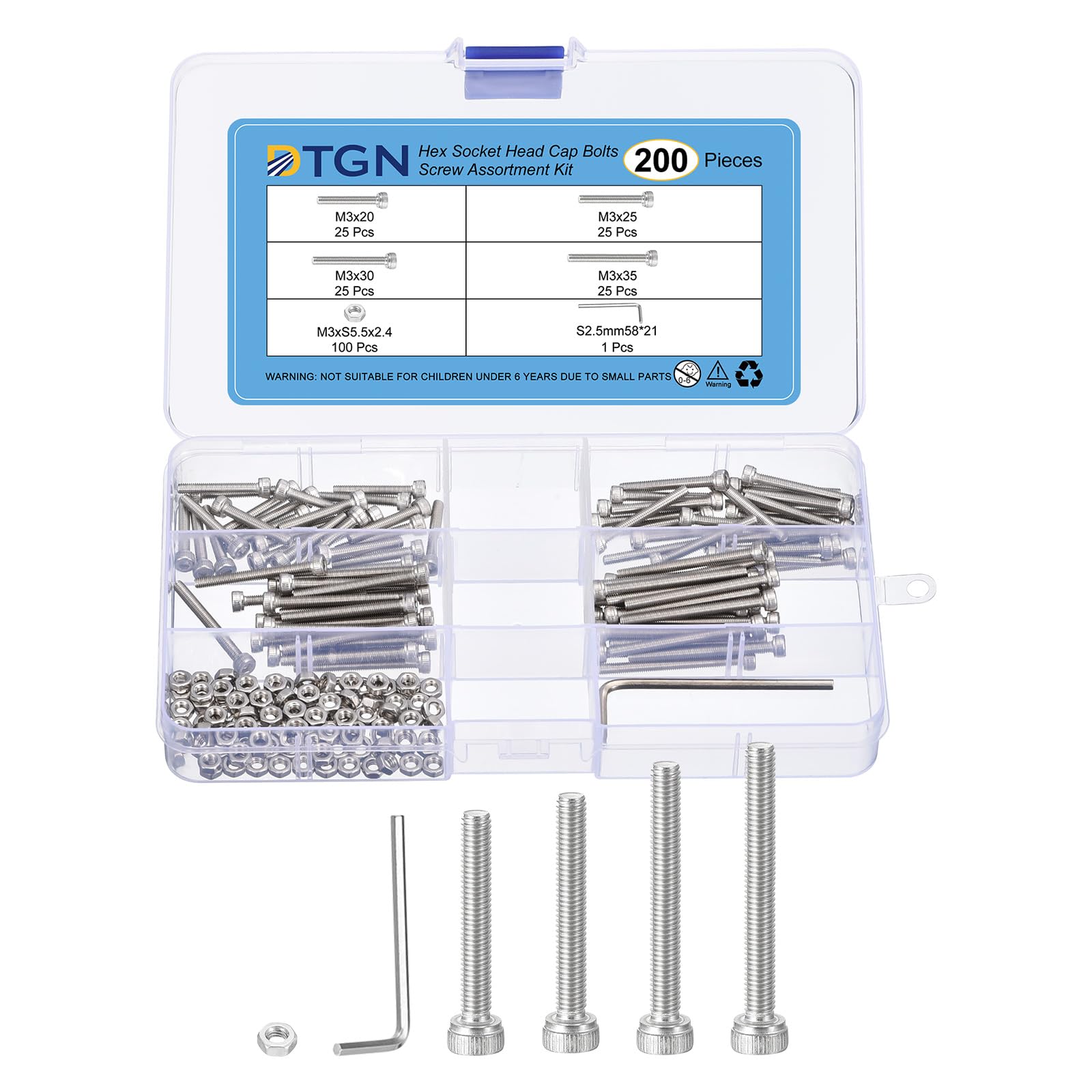 DTGN 200Pcs M3 Metric Screw Assortment, Bolts and Nuts Kit, 304 Stainless Steel M3x20/25/30/35mm Hex Socket Head Cap Screws Bolt Set With Wrench for 3D Printing DIY