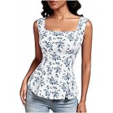 winkbay Women's Boho Floral Peplum Tops Summer Lace Up Square Neck Blouse Beach Vacation Clothes