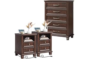 SAVOR LIFE Farmhouse Dresser and Nightstand Sets 3 Piece, 5 Drawer Dresser & 2 Drawer Nightstand Set, Rustic Wood Bedroom Furniture Set for Home, Bedroom, Hallway, Walnut