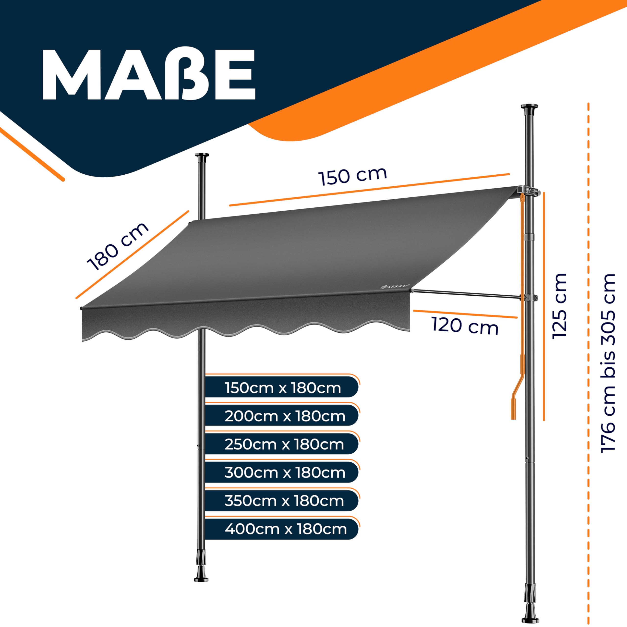 KESSER® Sonnenschutz Markise manuell ausziehbar 300cm | Sonnensegel UV Schutz Sonnenschutz | Klemmmarkise für Outdoor, Terrasse, Balkon, Garten höhenverstellbar ohne Bohren, Anthrazit 5