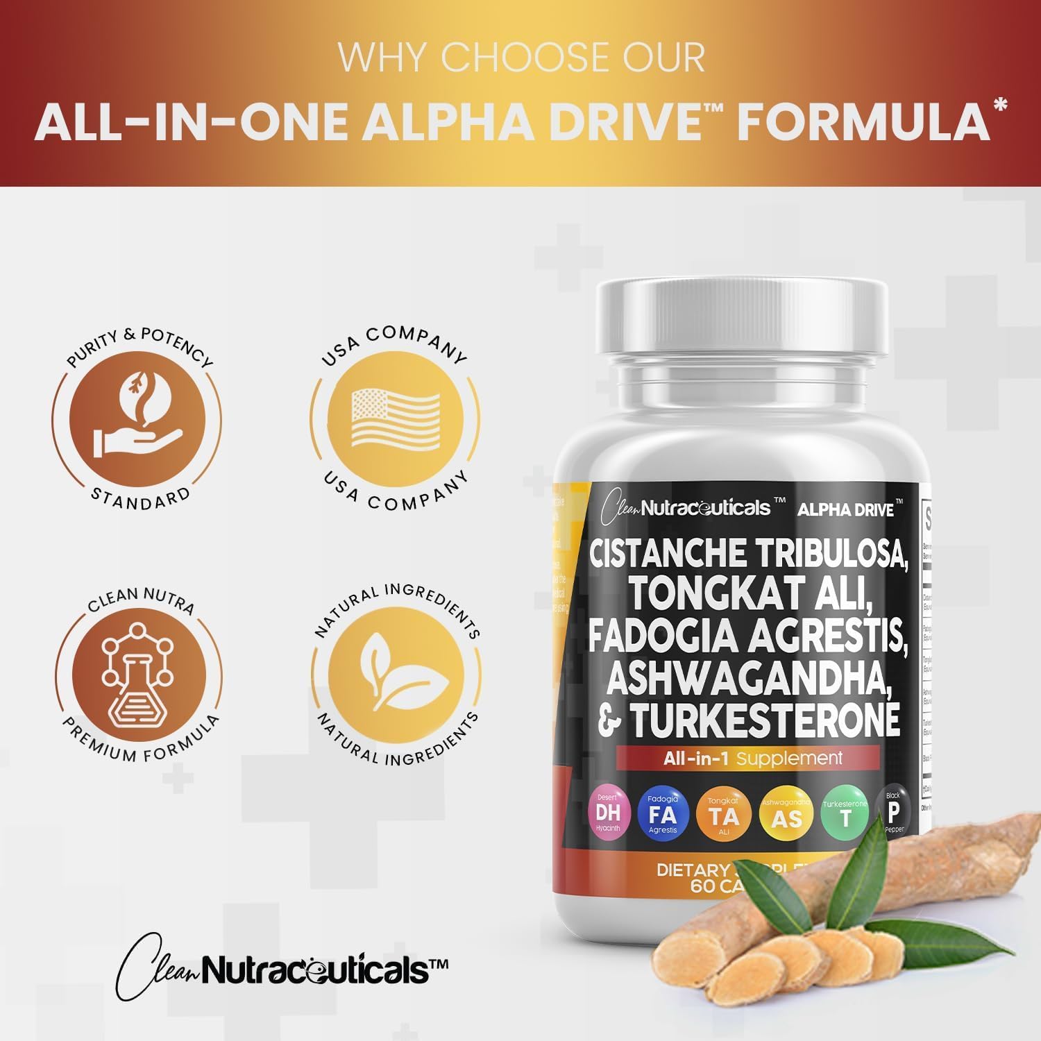 Clean Nutra Cistanche Tribulosa Fadogia Agrestis Tongkat Ali Turkesterone Pills Ashwagandha Capsules Supplement for Men - 60 Count