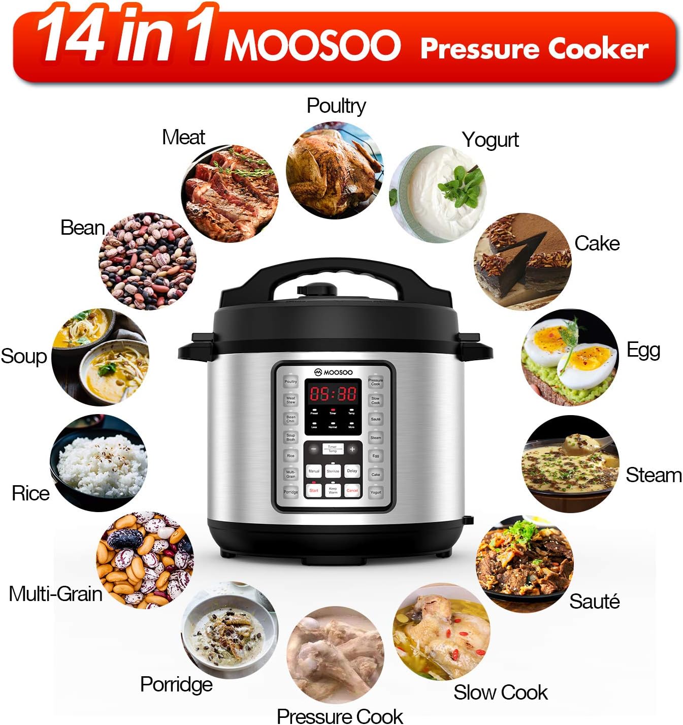 Stainless 14in1, Pot Pressure Instant Quicker 70 MOOSOO Cooker