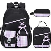 DIGOBAY Backpacks for Girls 3PCS School Backpack Lunch Box Pencil Pouch | Bookbags for Teen Girl Kid, Elementary Primary Middle High School College Travel, Padded Strap, Water-Resistant, Black Purple