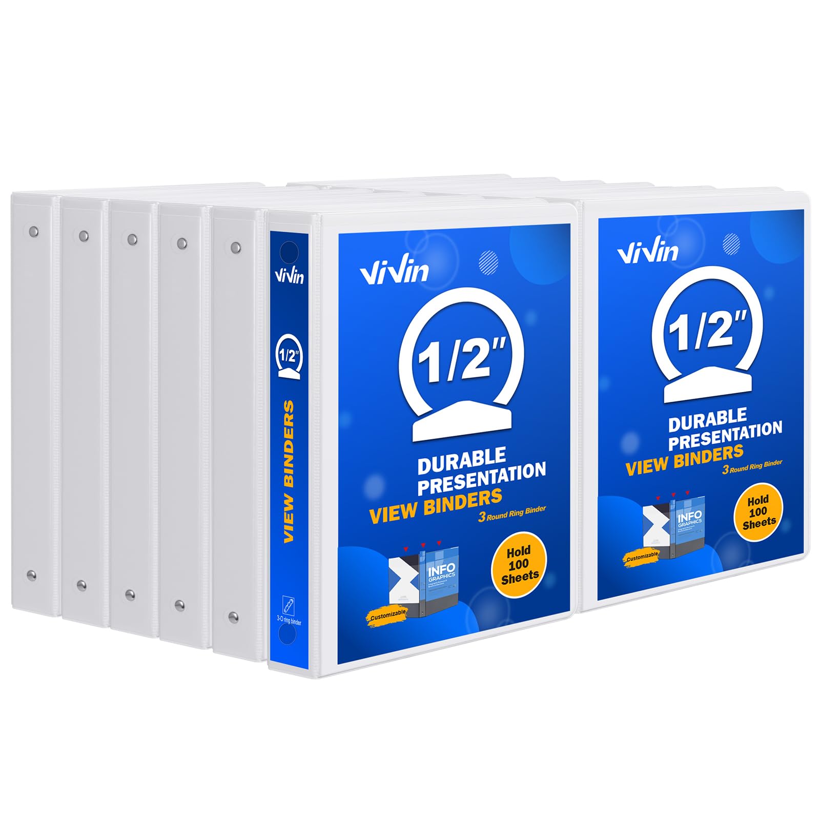 Photo 1 of 3 Ring Binder 1/2 Inch, ViVin Sturdy 0.5"-Round Ring Binder with 2 Interior Pockets, Clear View Cover, PVC-Free, Fits 100 Sheets of 8.5'' x 11'' Paper, Office Home School (12 Pack, White)