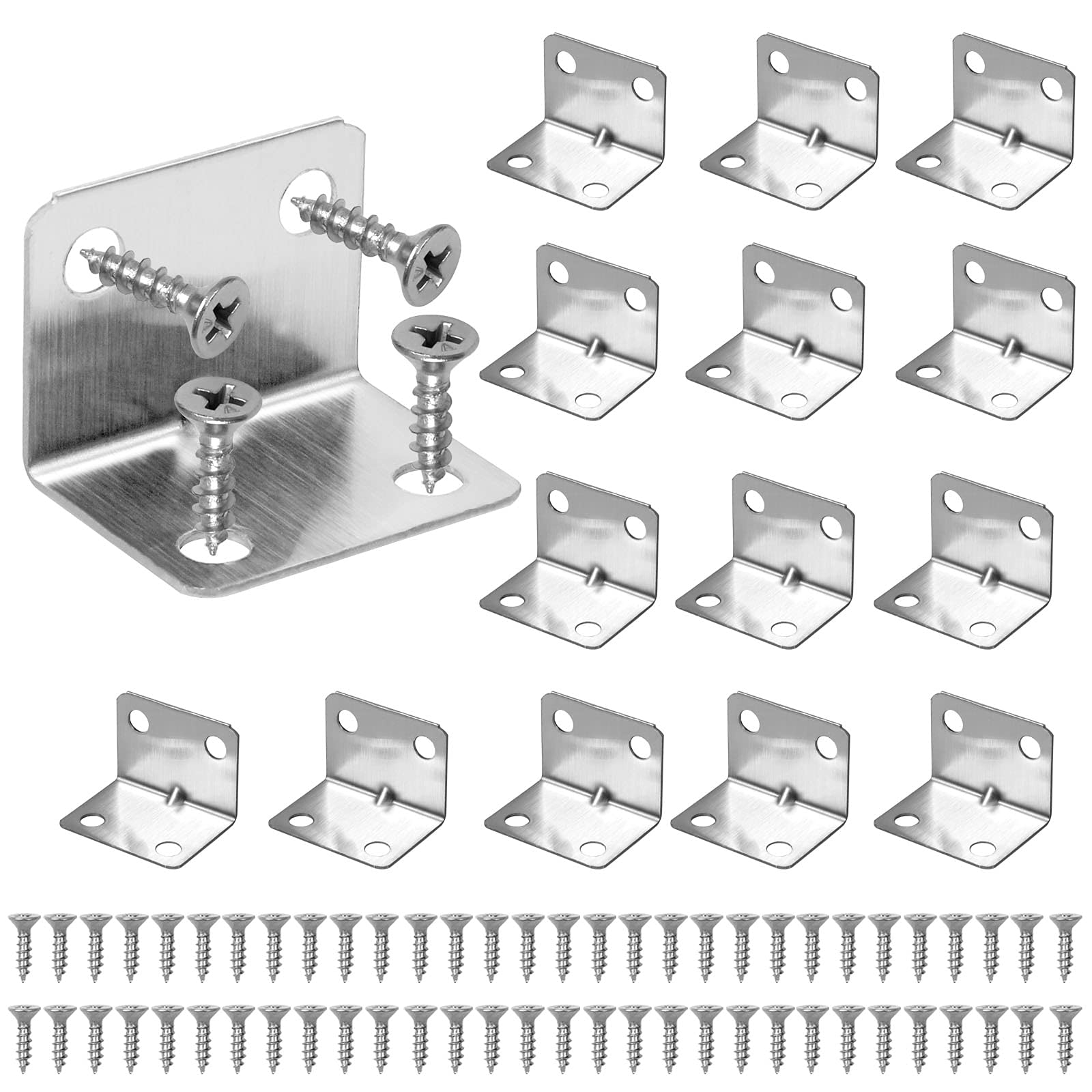 L Bracket - Vaktop 15PCS Angle Brackets, Stainless Steel Corner Brackets, 90 Degree Corner Brace with 60 Screws, Metal Bracket for Wood Furniture Fixing and Repairing (Silver, 23*23*30mm)