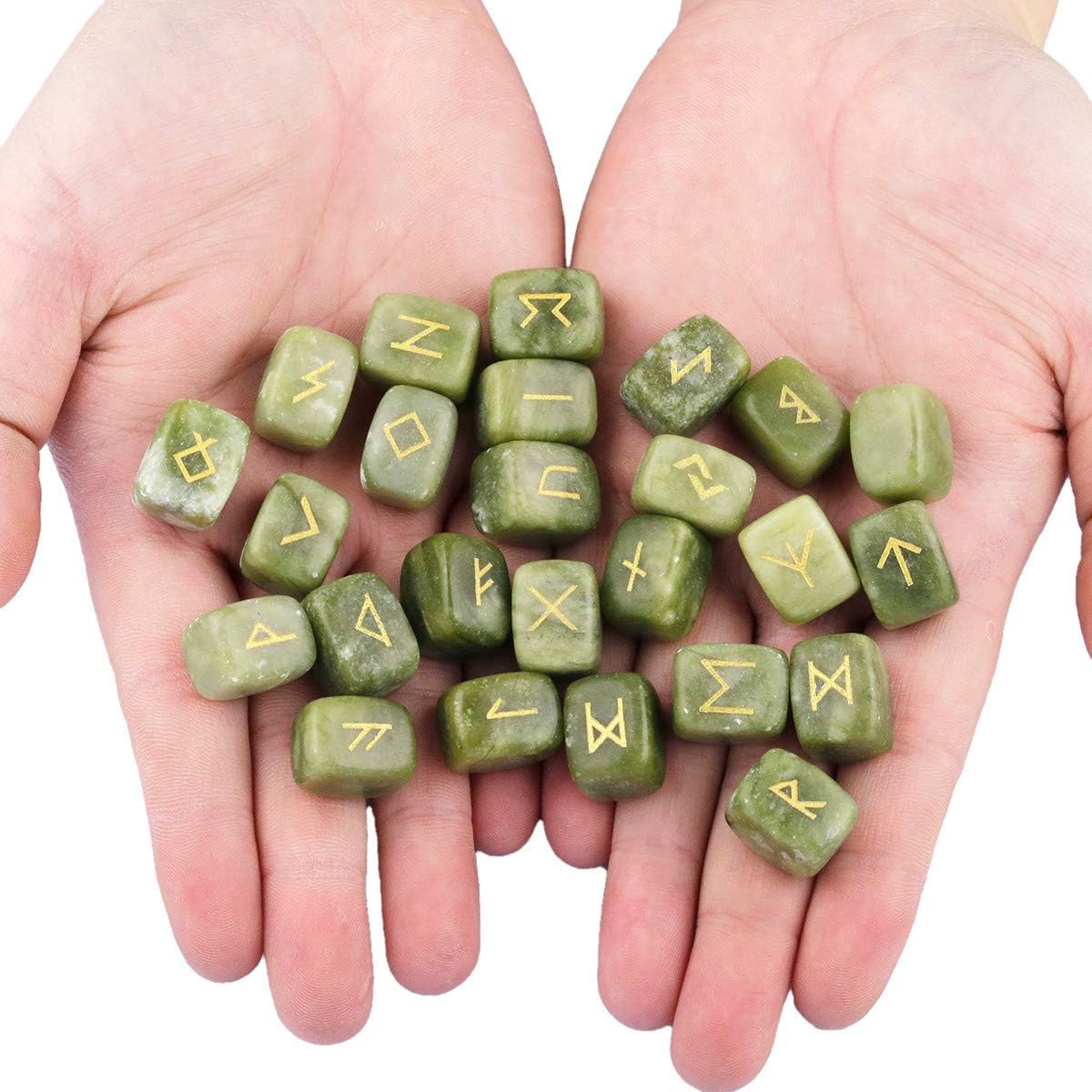 KYEYGWO Green Jade Witches Runes Set, Rune Stones with Engraved Elder Futhark Runic Alphabet for Divination Meditation Healing - Image 3