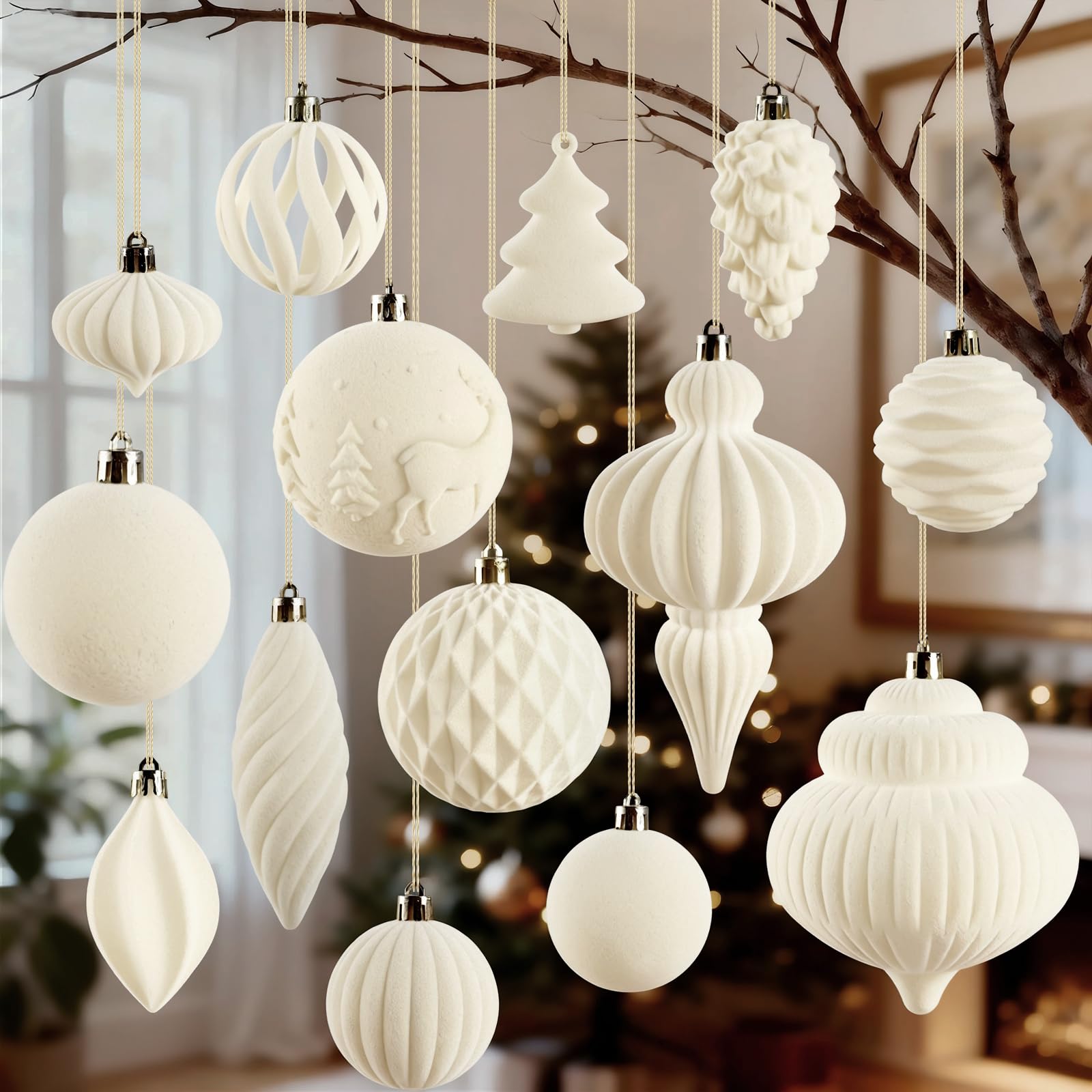 Photo 1 of 18Pcs Velvet Christmas Tree Ornaments Set, White Shatterproof Flocked Christmas Decorations Bulk for Tree, Classic Decorative Hanging Ball Ornaments for Xmas Holiday Home Party Decor
