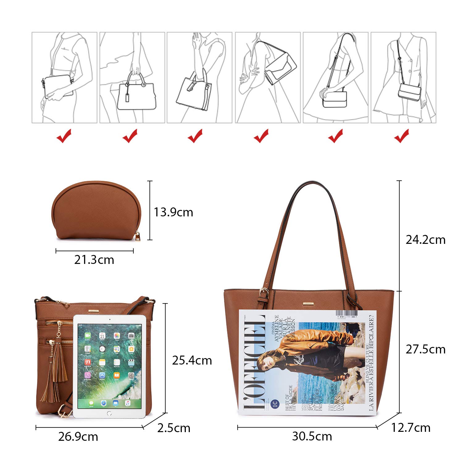 LOVEVOOK Handtaschen Damen Set, Tasche für Damen Umhängetasche Schultertasche Geldbörse Clutches Shopper Henkeltasche Tote Bag Tasche 3PCS PU Leder Braun