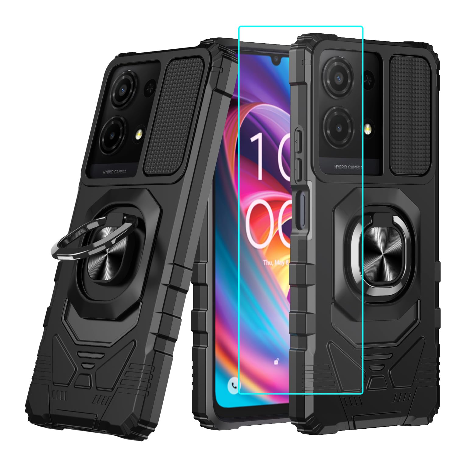 for TCL K32 5G / K33 5G Case with 1 Pack Screen Protector,Dual Layer Hybrid Heavy Duty Defender Protection,Sleek Rugged Reinforced Cushion Corner Kickstand Shockproof Bumper Cover Black