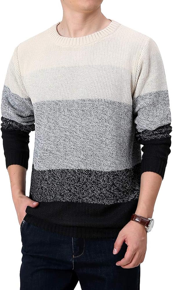 LongPing Men's Casual Color Block Pullover Cotton Crewneck Sweaters Assorted Striped Knitwear