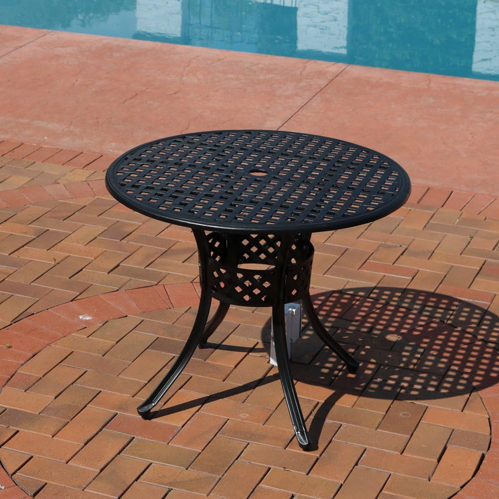 Sunnydaze Round Patio Dining Table - Outdoor Durable Cast Aluminum Construction - Decorative Lattice Design -Outside Patio Furniture with Umbrella Hole - Perfect for Porch or Poolside -33-Inch - Black: Kitchen & Dining