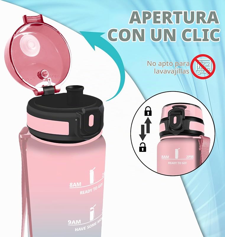 Garrafa de água de 1 litro, garrafa de água de ginásio com filtro, cantil infantil reutilizável, carimbo de hora, cantil com carimbo de hora, para escola, escritório, desporto, desporto, ginásio, escritório