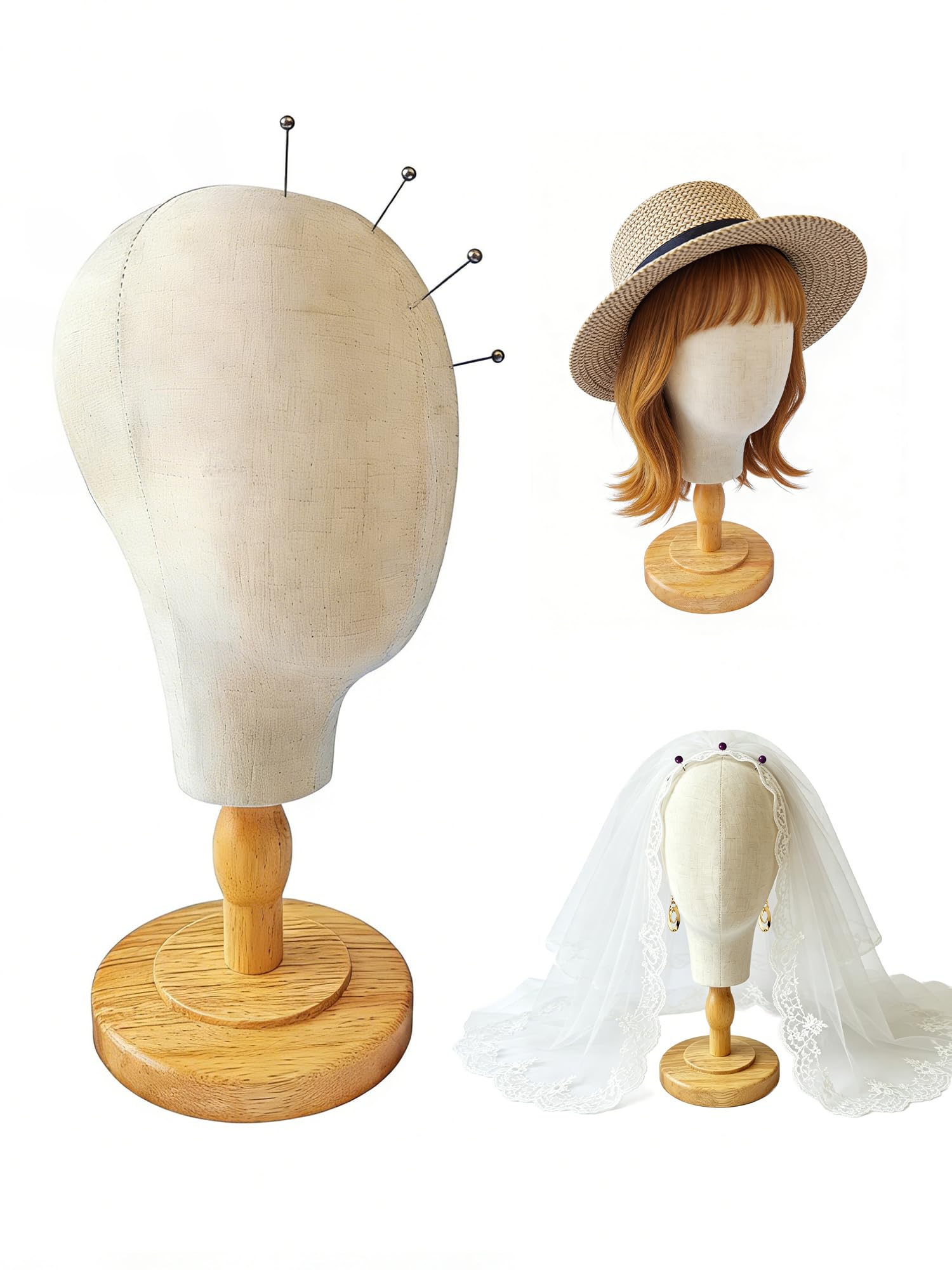 TINGSING Canvas Mannequin Head Stand 21 Inch for Hat Display, Foam Wig Head with Detachable Wood Base, Pinnable Wig Hat Stand, Display for Bridal Headpieces Wedding Veil Caps Jewelry Glasses Helmet