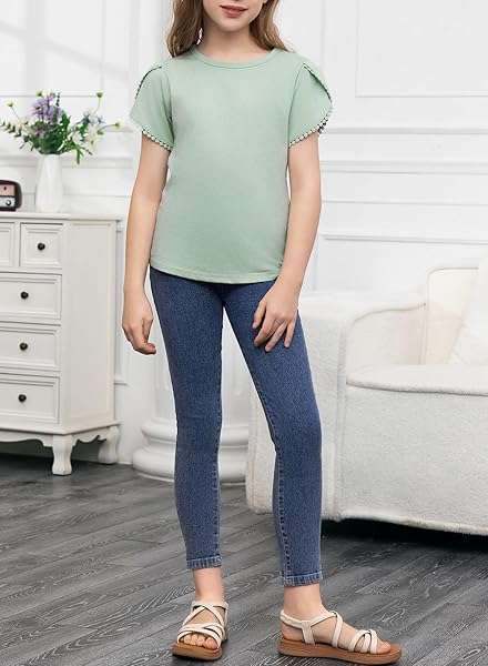 BLIBEAN TEEN GIRL SHIRT PRETEEN KID SHORT SLEEVE BLOUSE SOLID PLAIN SUMMER TOP FASHION CASUAL TEE CLOTHES DRESSY OUTFIT FANCY TSHIRT SIZE 10-11 YEAR OLD GREEN