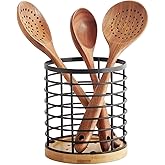WDT Tool Utensil holder for Kitchen Counter - 5.2" x 5.2" x 6" Large Round with Wooden Base Matte Black Cooking Utensil Holder Utensil Organizer (Metal+Bamboo)
