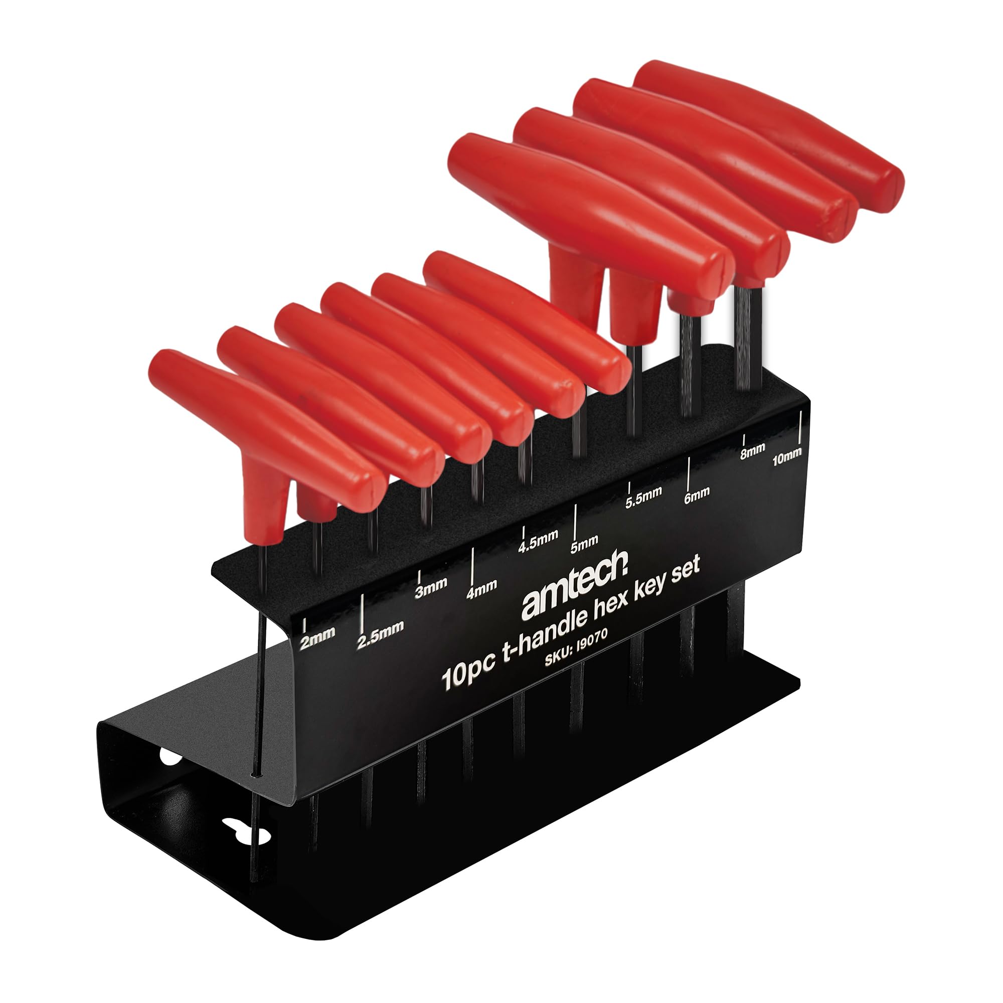 Amtech I9070 T-Handle Hex Key Set, Sizes 2, 2.5, 3, 4, 4.5, 5, 5.5, 6, 8 and 10mm, 10pcs Corrosion Resistance Carbon Steel Hex Keys