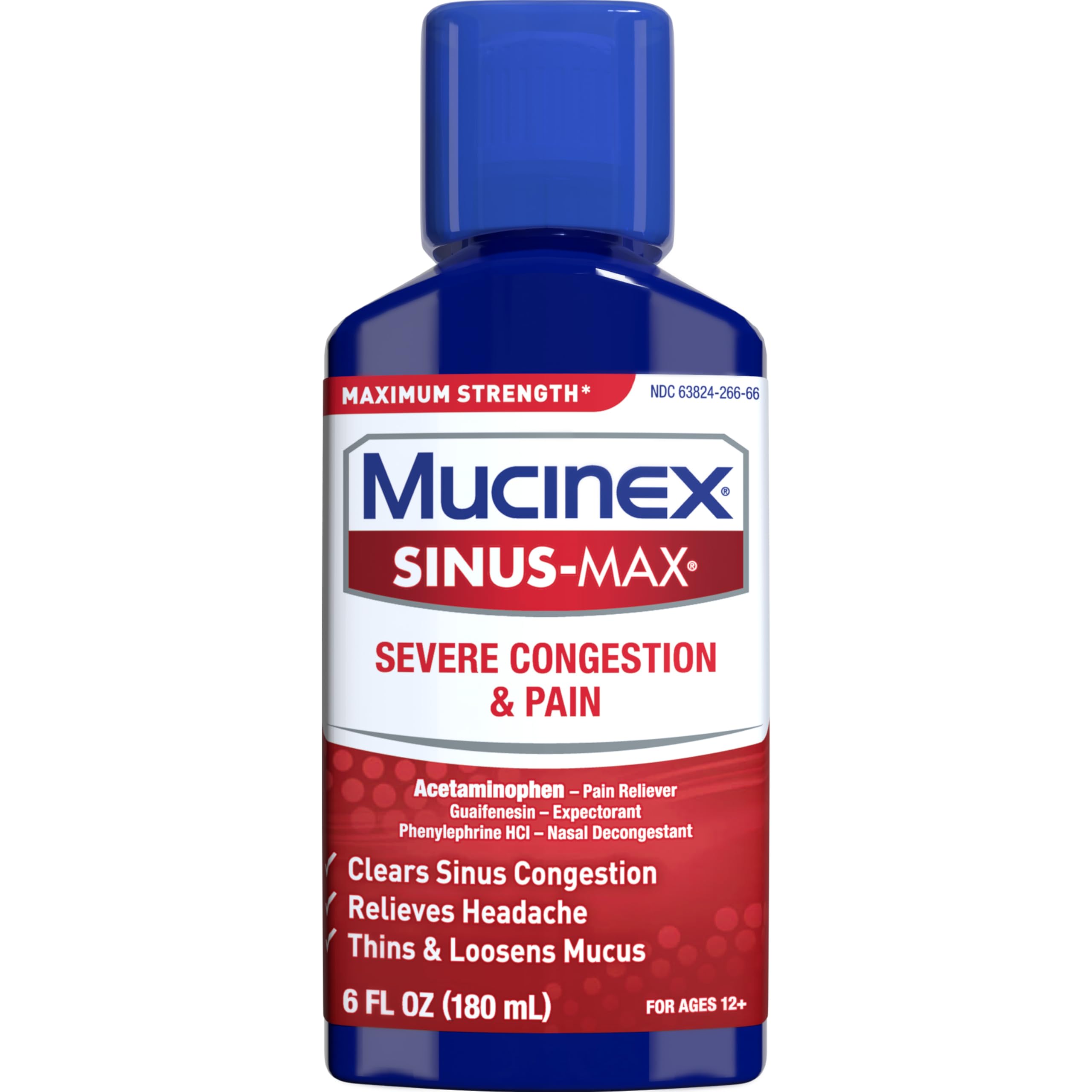 Mucinex Severe Congestion & Pain Relief, Sinus-Max Max Strength, 6oz Clears Sinus & Nasal Congestion, Relieves Headache & Fever, Thins & Loosens Mucus