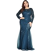 Plus Size Long Sleeve Sequin Evening Dress Glitter Mermaid Long Gown for Mother of The Bride Or Wedding Guest