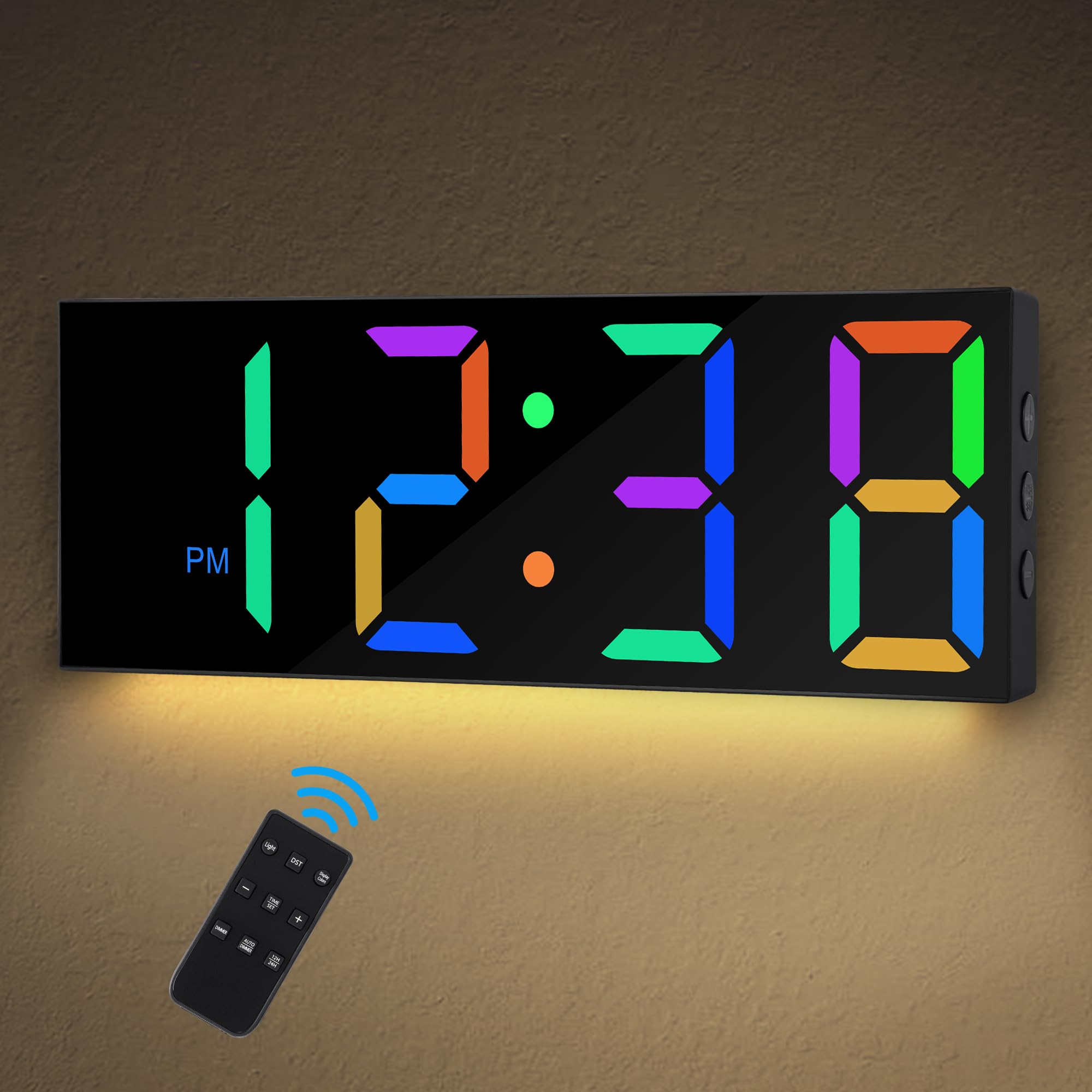 Sukeen Digital Wall Clock With Night Light, 12" Wall Clock, Large Digital Clock Wall with Remote Control, 8 Colors Digits, 5-level & Auto Brightness, Clocks for Living Room Bedroom Office School