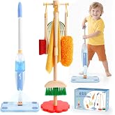 Wooden Toddler Cleaning Set, 10Pcs Kids Cleaning Toy Set with Kid Spray Mop | Real Working Montessori Cleaning Toys with Broom and Mop Set for Toddlers Age 3-7, Christmas Birthday Gift for Girls Boys