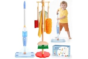 Dreamon Wooden Toddler Cleaning Set - 10Pcs Kids Cleaning Toy Set with Real Working Kids Spray Mop, Montessori Cleaning Toys with Broom and Mop Set for Toddlers Girls Boys Age 3-6
