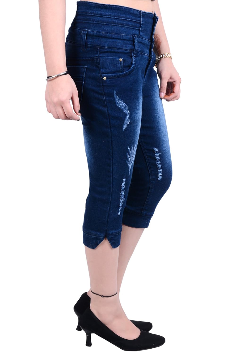 blinkin slimfit high-waist distressed capri jeans for women (stretchable denim fabric )