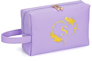 Menetop Cosmetic Bag Travel Makeup Pouch - Personalized Cute Initial Waterproof Makeup Bag Case Large Toiletry Makeup Pouch Gifts for Women Birthday Friends Female Teacher (S)