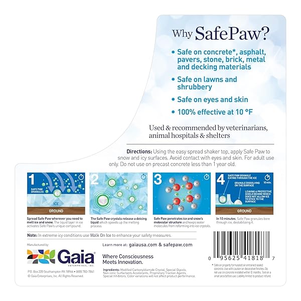 SAFE PAW -100% SAFE FOR PET PEOPLE PROPERTY PLANET, NO SALT NO CHLORIDE,VET APPROVED-SAFE FOR CAT & DOG PAWS, NON-TOXIC NO CONCRETE DAMAGE FAST ACTING FORMULA10 LBS 7 OZ JUG