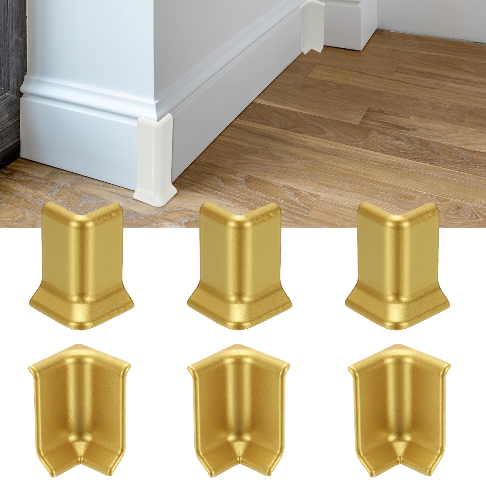 Photo 1 of uxcell Self Adhesive Baseboard Corner Blocks, 2.2 Inch Wall Edge Corner Protector 3 Inside + 3 Outside Corners-Connector for Wall Floor Furniture Edge(Gold)