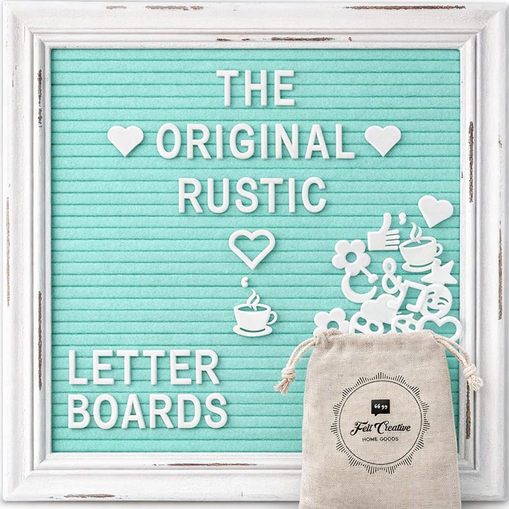 Felt Letter Board with Rustic White Wood Farmhouse Vintage Frame and Stand by Felt Creative Home Goods | Changeable Message Board Includes 350 White Alphabet Letters (Mint, 10x10 Inches)