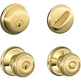 Schlage FB50N V GEO 505 B60 Single Cylinder Deadbolt and F51 Keyed Entry Georgian Knob Keyed Alike, Bright Brass Finish