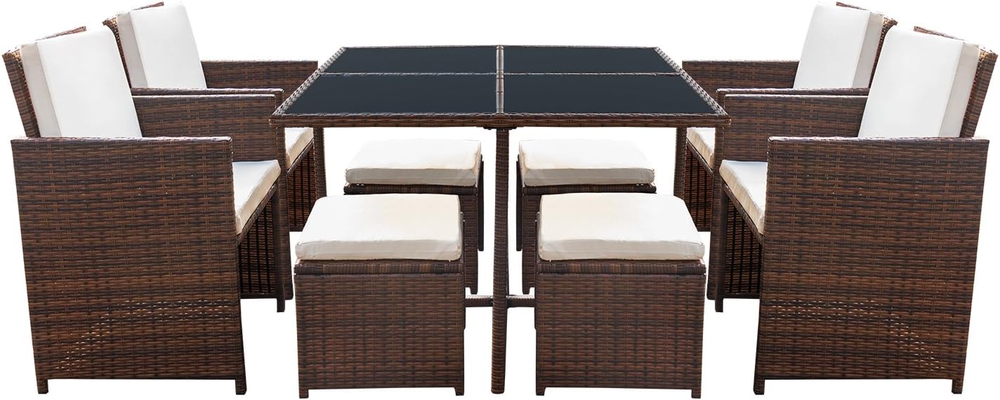 Devoko 9 Pieces Patio Dining Sets Outdoor Space Saving Rattan Chairs with Glass Table Patio Furniture Sets Cushioned Seating and Back Sectional Conversation Set (Beige): Garden & Outdoor