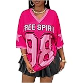 Floerns Women's Plus Size Y2k Number Jersey Shirts V Neck Streetwear Tee Tops