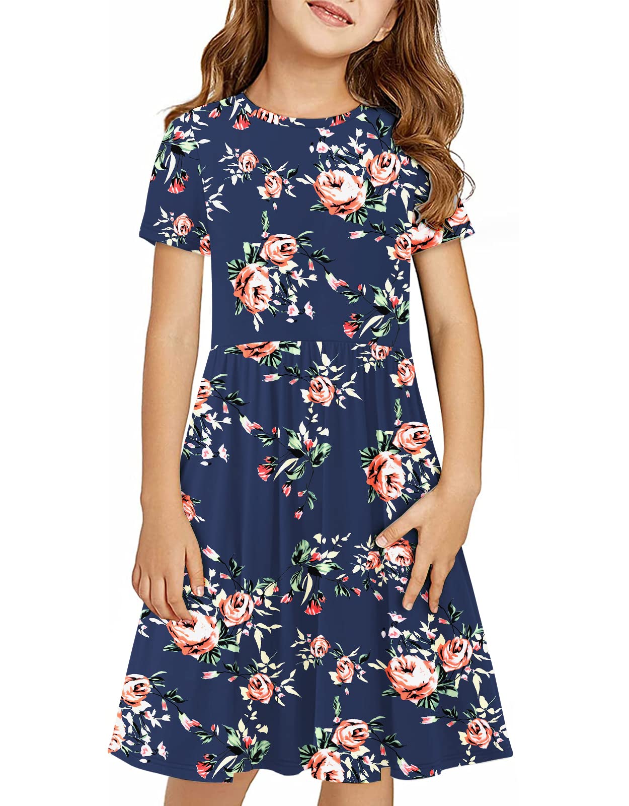 Photo 1 of KYMIDY Girls Short Sleeve Floral Dress Kids Casual Boho Midi Dress with Pockets, Dark Blue, 12 Years